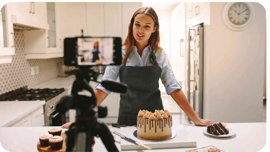 a woman in an apron standing in front of a cake and cupcakes